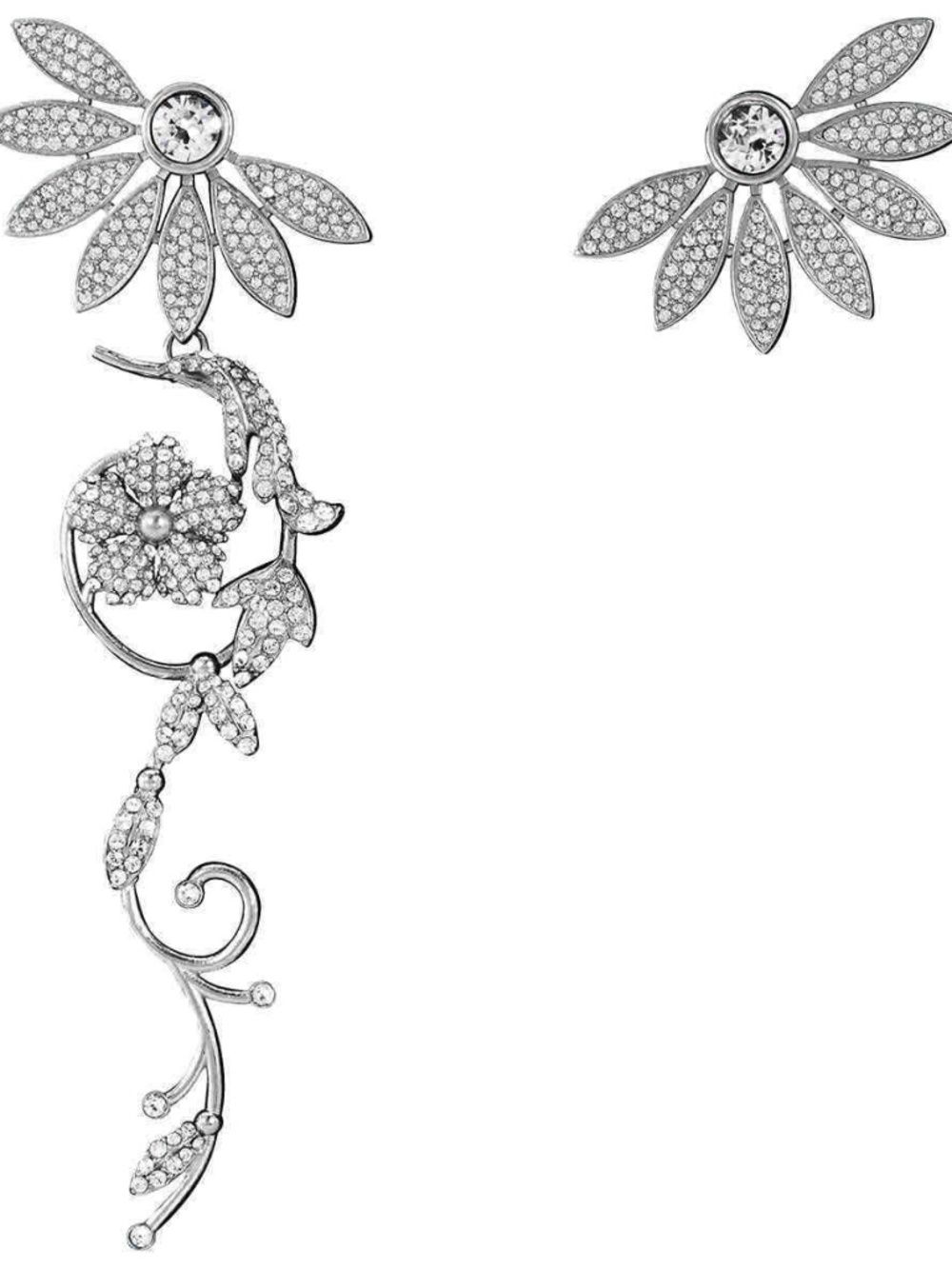 Burberry Pave Crystal Daisy Flower Vine Silver Tone Mismatch Drop Earrings
